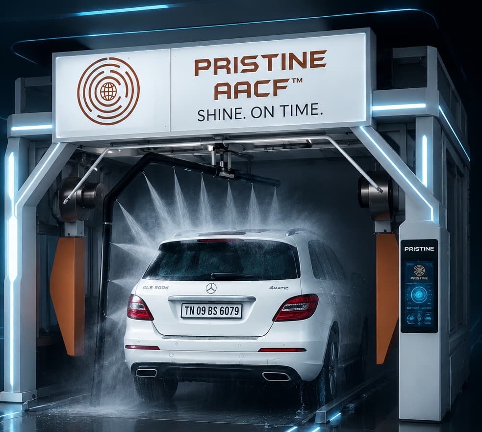 AACF-V2 automatic touchless car wash machine manufactured by PRISTINE AACF in Coimbatore, India